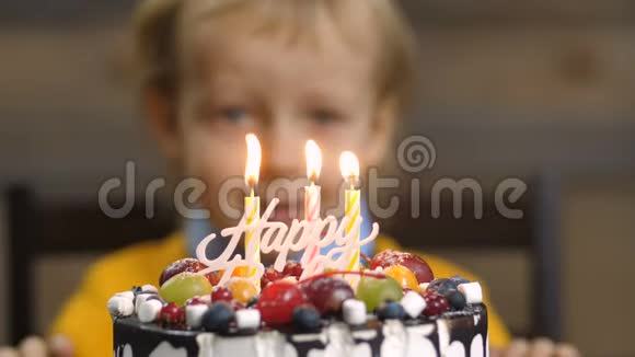 小男孩在生日蛋糕上吹蜡烛的特写视频的预览图