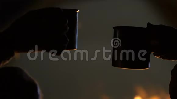 人们在篝火旁碰着茶杯庆祝完美的户外节日视频的预览图