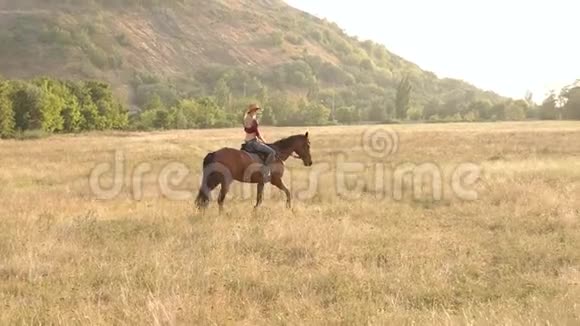 女孩骑着马在山附近的田野里视频的预览图