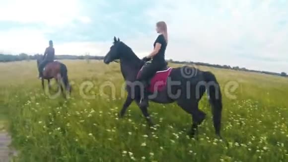 一群年轻妇女骑马在田野里视频的预览图