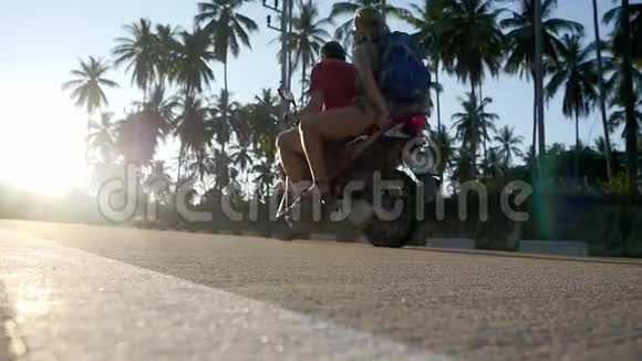 情侣在棕榈树之间的热带阳光大道上开摩托车慢动作1920x1080视频的预览图