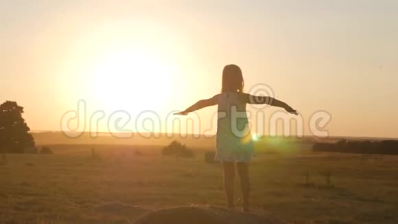 日落时分站在一卷稻草上的金色田野里的年轻女孩幸福地举起双手美丽快乐视频的预览图
