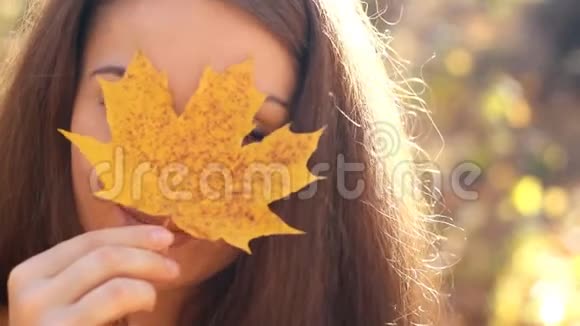 秋日阳光明媚的枫叶一个微笑的女人的特写视频的预览图