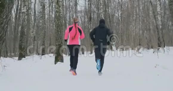 男人和女人在冬天缓慢地穿过公园视频的预览图