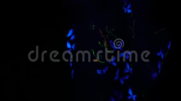 一个在身体上有紫外线身体艺术的女孩以蝴蝶的形式向好音乐移动视频的预览图