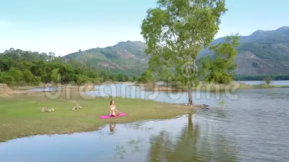 年轻女子在草地上对绿色景观进行冥想视频的预览图