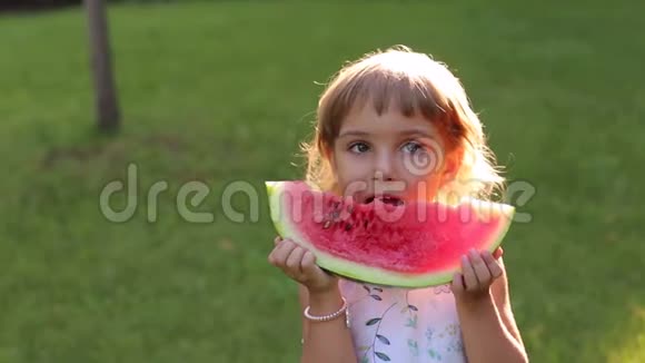 夏天阳光公园里带西瓜的快乐小女孩的画像视频的预览图