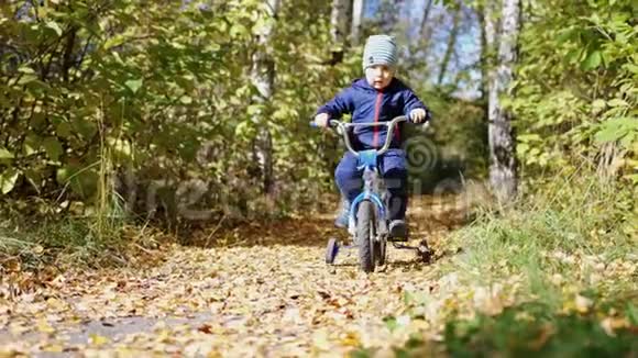秋天公园里骑自行车的小男孩快乐的童年慢动作3840x21604k视频的预览图
