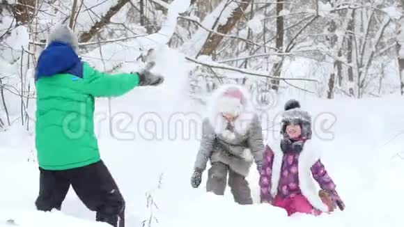 冬季森林穿着鲜艳衣服的孩子们在雪地里玩耍视频的预览图