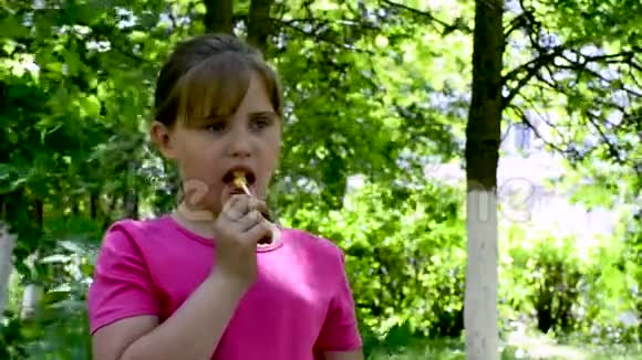 在阳光明媚的夏日野餐时带着焦糖糖果的女孩视频的预览图