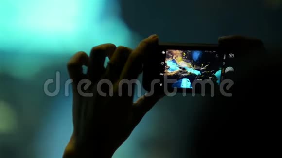 女手剪影手握手机拍摄玻璃管后面的鱼在水水族馆动物园和海洋馆视频的预览图