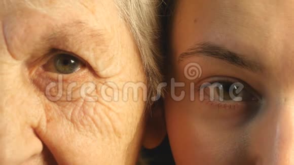 年老和年轻的眼睛祖母和孙女一起看相机视频的预览图