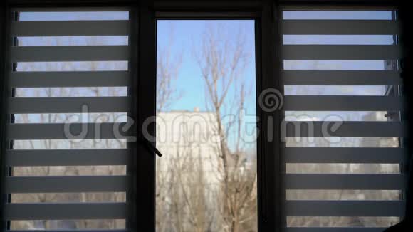 一个人在家中的窗户里对着灯光白色的百叶窗也掉了下来秋天的景色在视频的预览图