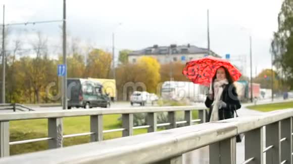 金秋时节一位戴着红色大伞的漂亮女士在公园散步视频的预览图