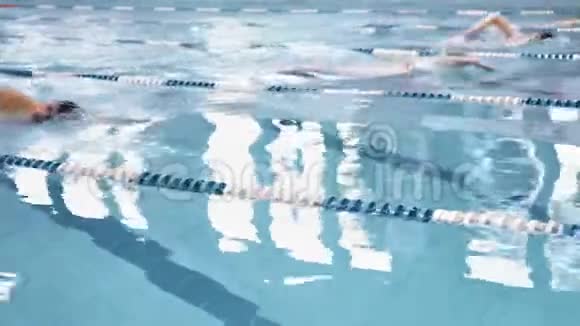 游泳池冠军赛中高角男运动员以爬行的方式漂浮在铁轨上视频的预览图