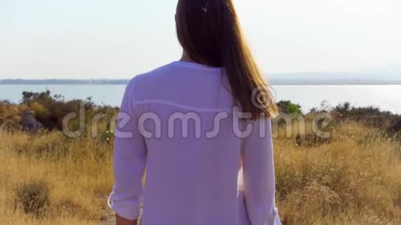 年轻女子慢悠悠地走在湖边的草地上快乐的女性独自享受大自然视频的预览图