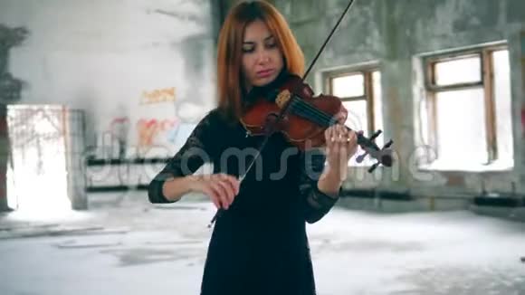 废弃建筑中的女小提琴手视频的预览图