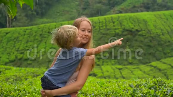 一名年轻女子和她的儿子参观高地茶园的慢镜头新鲜茶的概念视频的预览图