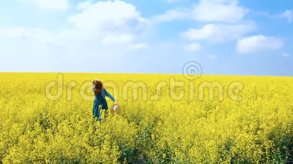 快乐美丽的女孩在盛开的油菜花田享受视频的预览图
