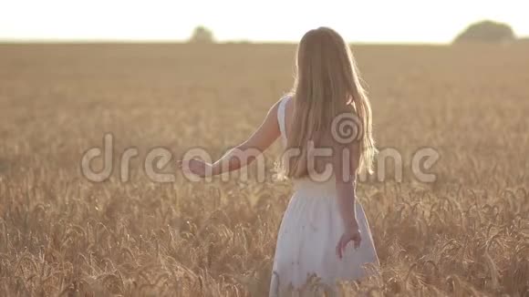可爱的女人在日落时分在田野里飞舞视频的预览图