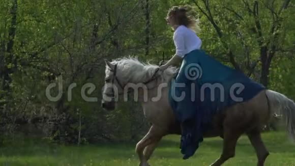 年轻漂亮的骑手骑着白马在田野上视频的预览图