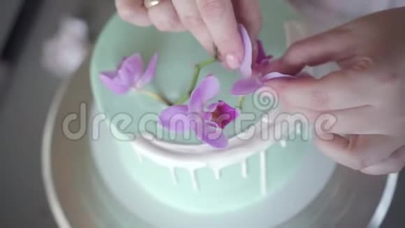 糖果装饰整齐的绿松石婚礼饼干蛋糕与粉红色兰花视频的预览图