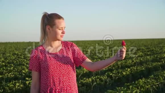 草莓园背景下手持草莓的少女视频的预览图