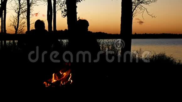人们欣赏美丽的湖边篝火日落之后达湖沿岸的树木视频的预览图