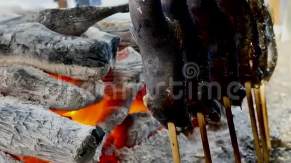 日本的查尔河和伊瓦纳河的鱼在油条上烤视频的预览图