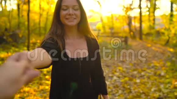 美丽的女孩牵着男朋友的手跟着他穿过黄色的秋天森林慢动作视频的预览图