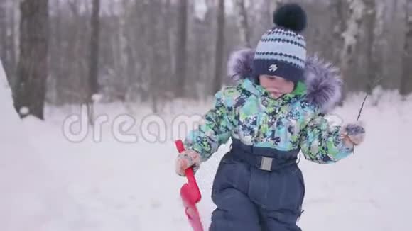一个小孩在冬天的公园里玩雪阳光明媚的冬天白天新鲜空气中的乐趣和游戏视频的预览图