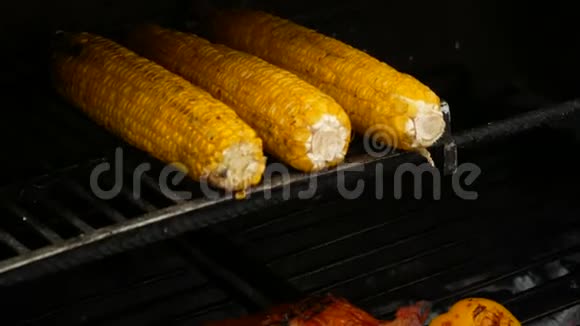 在食物节上用烤玉米和其他蔬菜烤猪肉视频的预览图