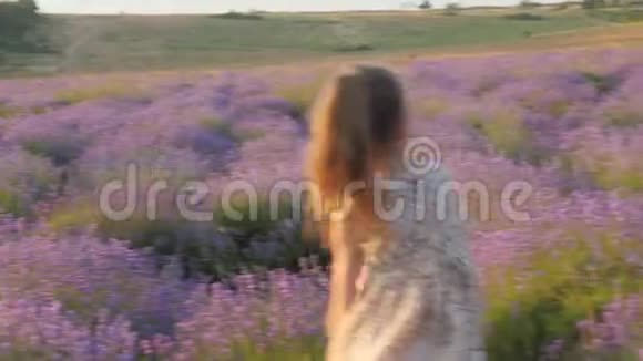 可爱的小女孩欢快地逃离快乐地在薰衣草的田野间跳跃视频的预览图