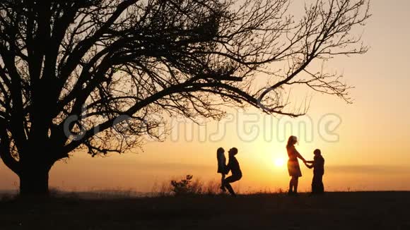 日落时分一家人在草地上共度时光的剪影视频的预览图