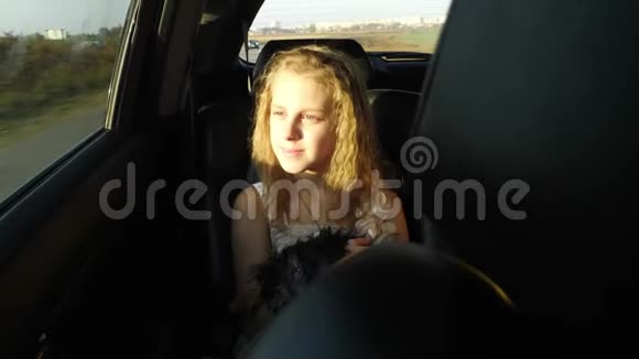 小女孩在车里狗盯着窗外视频的预览图