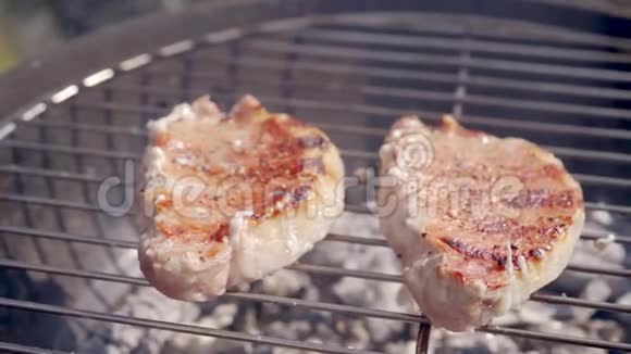 烧烤架上烹制美味的肉排视频的预览图