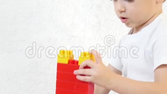 一个小男孩的手特写在彩色的积木里玩坐在白色的背景上孩子和玩具视频的预览图
