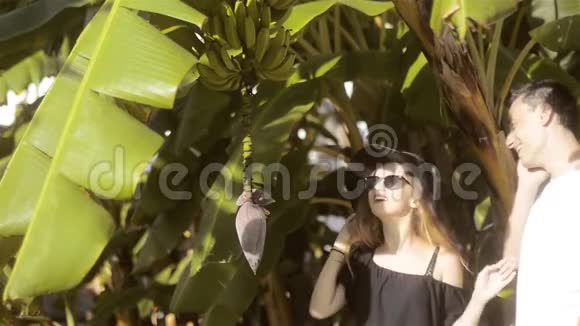 一对夫妇探索大自然检查香蕉树花和水果生长在一棵绿色的树上他们在电话里说话微笑视频的预览图