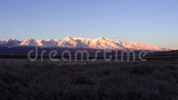美丽的风景清晨在山上霜在草地上的前景雪峰上的黄色阳光视频的预览图