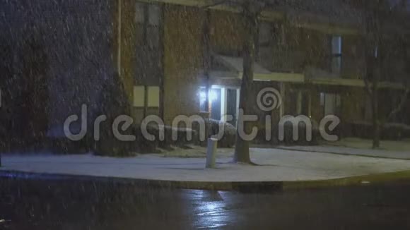 许多小雪花落在路灯的灯光下夜间室外照明视频的预览图