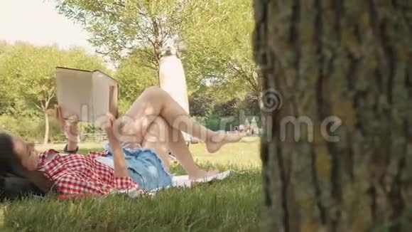 夏天或春天女人躺在草地上看书或放松视频的预览图