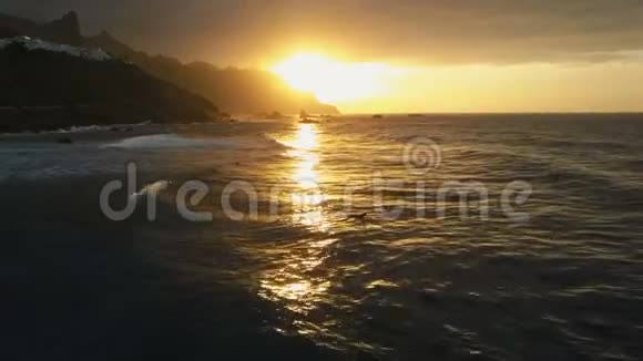空中观景洋浪撞击岩石在美丽的日落光线下喷射靠近加拿大的特内里费视频的预览图