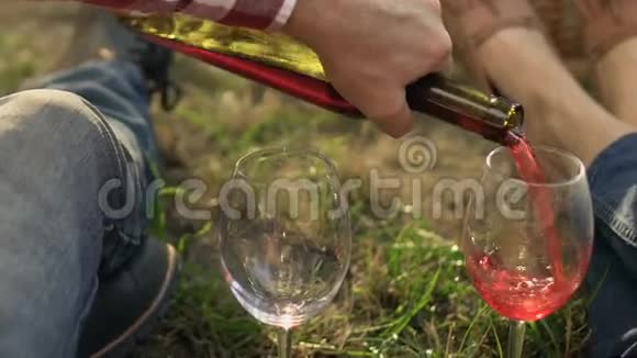 成人夫妇在野餐时喝葡萄酒家庭传统酒庄关门视频的预览图