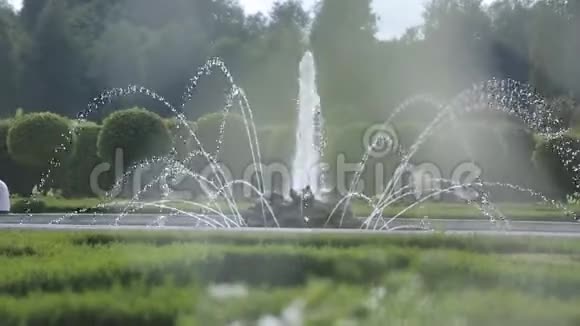 在绿色公园的城堡旁边的喷泉视频的预览图