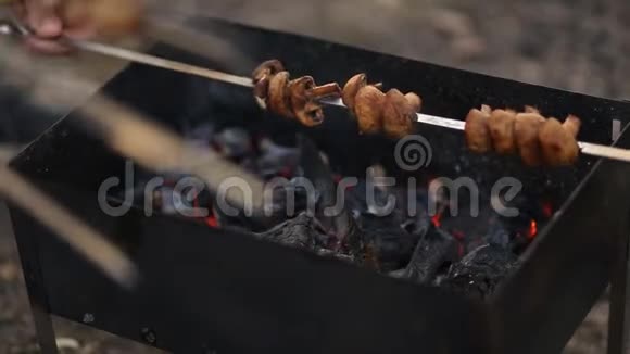 烧烤用木炭野餐用烤肉串视频的预览图
