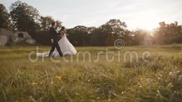 幸福的新婚夫妇在城堡里漫步美丽的大自然视频的预览图