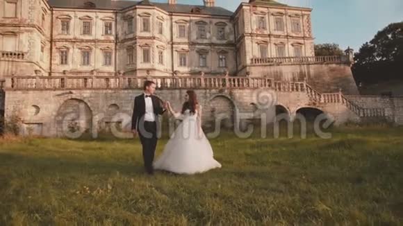 幸福的新婚夫妇在城堡里漫步美丽的大自然视频的预览图