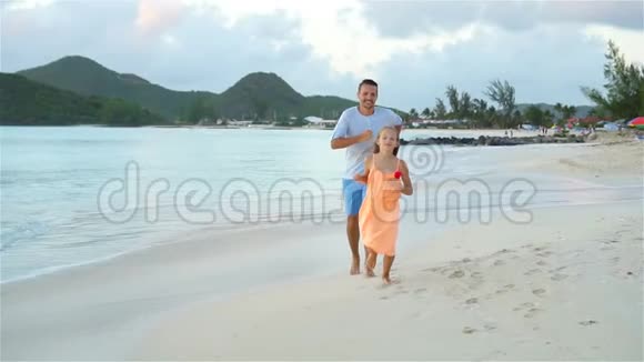 小女孩和快乐的爸爸在海滩度假时玩得很开心流动人口视频的预览图