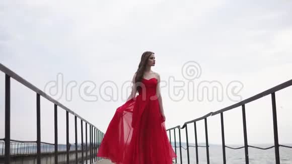 在多云的天气里浪漫的女孩站在长长的木制浮桥上视频的预览图