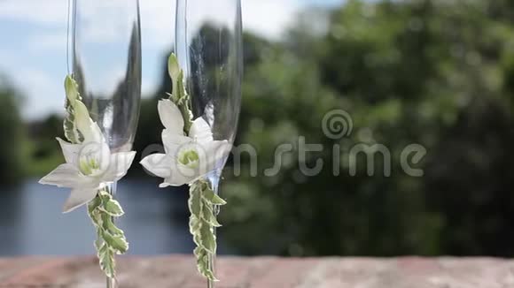 夏日在水中戴着鲜花的结婚眼镜视频的预览图